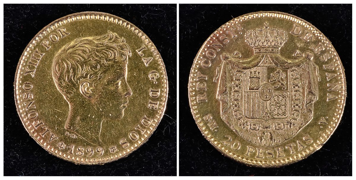 Moeda espanhola em ouro 22k no valor de 20 Pesetas, dat Moeda espanhola em ouro 22k no valor de 20 Pesetas, dat