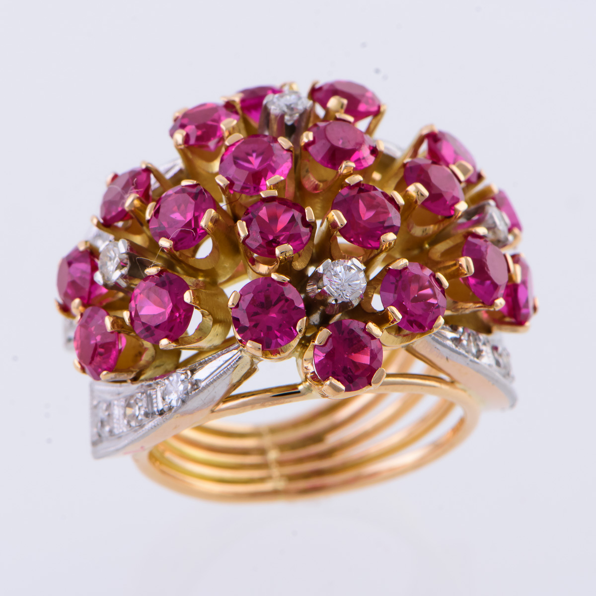 Antigo anel chuveiro em ouro 18k, ouro branco, rubelita