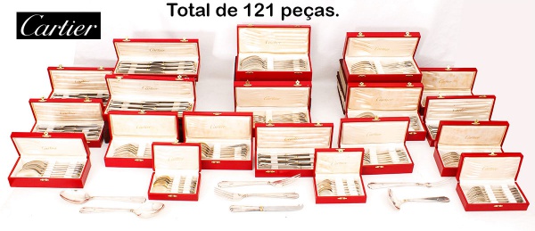 CARTIER - FRANCE. Raríssimo e exuberante faqueiro estilo "Art Déco" com 121 peças em prata f
