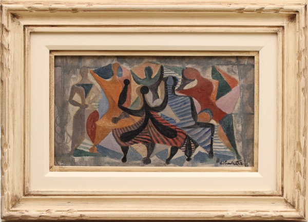 DI CAVALCANTI, EMILIANO (1897-1976). "Silhuetas no Samba", óleo s/ tela, 18,5 X 33. Assinado