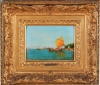 CHARLES CLEMENT CALDERON (França, sec. XIX) -"Embarcações a vela e gondolas em Veneza", oleo s/madeira - 15 x 21 - Assinado no c.i.d. Artista citado no Benezit. Reproduzido com foto no catalogo.