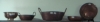 Três tachos, um bowl e um prato em cobre do séc.XIX .(um tacho faltando uma alça)