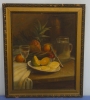 ANTONIO CUNHA (SÉC. XIX / XX) - "Frutas tropicais, jarra, cálice, travessa e faca sobre a mesa", óleo s/tela, 58 x 47. Assinado e datado (1940) no C.I.D.