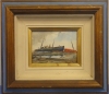 OSCAR TECIDIO (1926-1996). "Barcos encalhados", óleo s/ eucatex, - 10 X 23 - Assinado e datado (1987) no c.i.e.