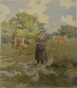 HARRY R. MILLS (EUROPA, SÉC.XIX/XX). "Camponesa alimentando gansos no campo", aquarela, - 21 X 28 - Assinado no c.i.d.