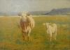 HARRY R. MILLS (EUROPA, SÉC.XIX/XX). "Vaca e novilho no pasto", óleo s/ madeira, - 24 X 33. Sem assinatura.