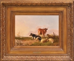 SIDNEY COOPER, THOMAS (INGLATERRA, 1803-1902). "Bois e Ovelhas em Repouso no Campo", óleo s/ madeira, 32 X 45. Assinado e datado (1860) no c.i.d. Artista citado no Benezit. Reproduzido com foto no catálogo.