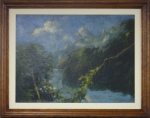 FRANCISCO COCULILO (1895-1945). "Paisagem da Serra dos Órgãos com Dedo de Deus ao Fundo", óleo s/ tela, 50 X 65. Assinado no c.i.d.