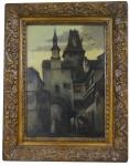 JEAN CHARLES CAZIN (França, Escola de Barbizon. 1841-1901) - "Ville Avec des Personnages et le Voiture", óleo s/ tela 42 x 29. Resquícios de assinatura no c.i.d.