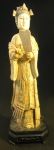 Escultura em osso polido policromado representando "Divindade Kuan Yin". Base em madeira. Alt. 34,5cm. China séc XX.