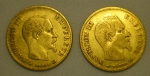 Duas moedas francesas em ouro 22k no valor de 10 francos cada, datadas de 1857 e 1860. Peso: 6,4g.
