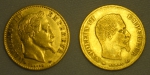 Duas moedas francesas em ouro 22k no valor de 10 francos cada, datadas de 1859 e 1866. Peso: 6,4g.