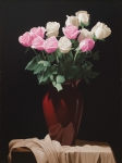 RENATO MEZIAT (1952). "Vaso Sangue de Boi com Rosas sobre a Mesa", óleo s/ tela, 100 X 75. Assinado no c.i.e e datado (2011) no verso. Reproduzido com foto no catálogo.