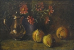 ALDO BONADEI (1906-1974). "Jarro de Flores, Bule e Pêssegos sobre a Mesa", óleo s/ tela, 33 x 49. Assinado e datado (1928) no c.s.e.