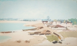 JENNER AUGUSTO (1924 - 2003). "Casarios e Canoas na Praia de Itapuã - BA", óleo s/ tela, 37 X 61. Assinado e datado (1979) no c.i.d. e no verso. (1ª série Luiza).
