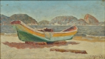 VIRGÍLIO LOPES RODRIGUES (1863-1944). "Canoa na Praia do Posto 6 em Copacabana", óleo s/ madeira, 24 X 40. Assinado e datado (1930) no c.i.d.