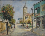 JOSÉ MARIA DE ALMEIDA (1906-1995). "Igrejinha no Sul de Minas", óleo s/ tela, 33 x 41. Assinado no c.i.e.
