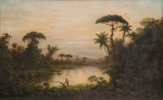 ESCOLA BRASILEIRA (MEADOS DO SÉC.XIX). "Paisagem Tropical Brasileira", óleo s/ tela, 70 X 123. Reproduzido com foto no catálogo.