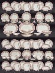 CONDE DE FRONTIN (ENGENHEIRO PAULO DE FRONTIN, 1860-1933). Exuberante aparelho para jantar e café com 194 peças em porcelana francesa de "Limoges", manufatura "J. Pouyat" (com a chancela da famosa casa parisiense "Mansard" na Rue Paradis, 34 - Paris), estilo Neoclássico com influência Barroco-Rococó, séc.XIX. Borda ondulada em rosa chá ornamentada com rocalhas, guirlandas, volutas e adereços de alegoria em grisaille realçado a ouro. Fundo branco com monograma "PF" (Paulo de Frontin) entrelaçado. Frisos e rendados dourados. Composto de: 66 pratos rasos, 30 pratos fundos, 47 pratos de sobremesa, 6 travessas ovais (sendo 1 com escorredor), 6 travessas redondas, terrina com tampa, 2 terrinas sem tampa (sendo 1 com presentoir), 2 saladeiras com coluna, 4 queijeiras, 2 fruteiras, 4 covilhetes, 2 molheiras e 22 xícaras para café com os respectivo pires. (Algumas peças com leves bicados na borda). Reproduzido com foto na capa do catálogo. (Em função da fragilidade, este lote só poderá ser enviado para fora do estado através de transportadora especializada).