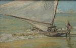 EDY GOMES CAROLLO (1921 - 2000). "Jangadeiro na Praia de Mucuripe - Ceará", óleo s/ tela, 22 X 33. Assinado no c.i.d. e localizado/datado no verso (1974).