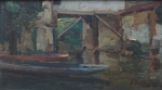 MANOEL MADRUGA (1882-1951). "Ponte, Casario e Canoas no Rio", óleo s/ madeira, 15 X 25. Assinado no c.i.d. e datado (1920) no verso.