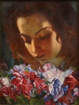 OSWALDO TEIXEIRA (1904-1975). "Dama com Flores", óleo s/ cartão, 39 X 29. (Década de 30). Assinado no c.s.e. Reproduzido com foto no catálogo.