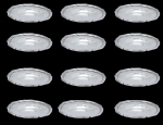Doze manteigueiras em prata portuguesa contraste "Águia-Porto". Borda ondulada e emoldurada. Peso: 500g. Reproduzido com foto no catálogo.