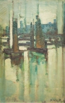 DARIO MECATTI (1909-1977). "Barcos Ancorados Próximo ao Porto no Mediterrâneo", óleo s/ tela, 53 X 34. Assinado no c.i.d.