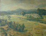 JOSÉ MARIA DE ALMEIDA (1906 - 1995). "Panorama do Vilarejo em Portugal", óleo s/ tela, 65 x 80. Assinado no c.i.d.