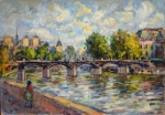 SÉRGIO TELLES (1936). "Pont Des Arts - Paris", óleo s/ cartão, 52 x 73. Assinado e datado (1977) no c.i.e. e no verso (Paris). Reproduzido com foto no catálogo.