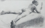 SOUZA PINTO, JOSÉ JULIO (PORTUGAL, 1855-1939). "A Vaidosa", crayon, 31 X 49. Assinado na lateral direita. Artista citado no Benezit. Reproduzido com foto no catálogo.