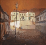 ROMANELLI, ARMANDO (1945). "Paisagem com Casarões em Ouro Preto-MG", óleo s/ tela, 60 X 60. Assinado no c.i.d. e datado (1977) no verso. Reproduzido com foto no catálogo.