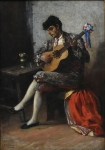 AUGUSTIN SALINAS Y TERUEL (ESPANHA, 1860-1923). "Hombre de la Guitarra Flamenca", óleo s/ tela, 42 X 29. Assinado no c.i.e. Reproduzido com foto no catálogo.