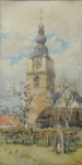 LOUIS TITZ (BÉLGICA, 1859-1932). "Vista com Igreja e Casario em Mespelaere", aquarela, 45 x 23. Assinado, datado (1896) e localizado no c.i.d. Artista citado no Benezit. Reproduzido com foto no catálogo.