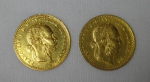 Duas moedas austro-húngaras de 1 ducado datadas de 1915. Peso: 5,5g.