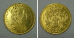 Rara moeda brasileira em ouro 22k, no valor de 6.400 Réis (R), datada de 1790. Peso: 14,3g.