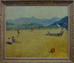 GEORGINA DE ALBUQUERQUE (1885-1962). "Domingo de Sol na Praia de Santos", óleo s/ tela, 65 x 80. Assinado e datado (1950) no c.i.e.
