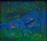 MANOEL SANTIAGO (1897-1987). "Figuras no Parque", óleo s/ cartão, 17 X 18. Assinado no c.i.e. e no verso (década de 50).  Pertencente à coleção dos herdeiros do pintor "Eliseu Visconti".