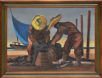 FERNANDO P. (1917-2005). "Pescadores na Praia com Cestos de Peixe", óleo s/tela, 46 x 61. Assinado no c.i.d. (Década de 50). Reproduzido com foto no catálogo.