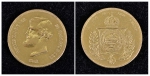 Moeda brasileira do Império em ouro 22k no valor de 2.000 reis, datada de 1853. Peso: 17,8g.
