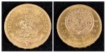Curiosa moeda mexicana em ouro 22k no valor de 20 pesos, datada de 1959. Peso: 16,6g.