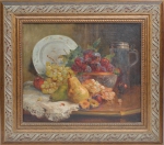 EUGÈNE HENRI CAUCHOIS (FRANÇA, 1850-1911). "Frutos, Prato, Jarra e Bowl sobre a Mesa", óleo s/ tela, 45 X 55. Assinado no c.i.d. Artista citado no Benezit.
