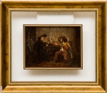 ARNALDO TAMBURINI (ITÁLIA, 1843-1908). "A Prosa na Taberna entre o Frade e o Espadachim", óleo s/ madeira, 14 X 18. Sem assinatura. Identificado no verso.