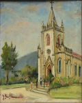 JOSÉ MARIA DE ALMEIDA (1906-1995). "Igreja da Matriz em Minas Gerais ", óleo s/ tela, 40 x 33. Assinado no c.i.e. Acervo de Heloísa Lima Dias Leite (1921-2010).