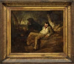 EVARISTE VITAL LUMINAIS (FRANÇA, 1822-1896). "Caçadores em Repouso na Floresta", óleo s/ tela, 60 X 75. Assinado no c.i.d. Artista citado no Benezit. Reproduzido com foto no catálogo.