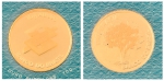 Moeda em ouro 24k emitida pelo "Banco do Brasil" com o símbolo do "Pau Brasil". Peso: 10g. Invólucro lacrado. (Virgem).