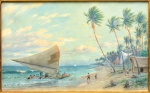 OTTO BUNGNER (1890-1965). "Chegada da Pesca na Praia da Piedade - Recife, PE", aquarela, 26 X 43. Assinado e localizado no c.i.d. (Década de 30/40). Reproduzido com foto no catálogo.