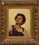 FRANZ THÖNE (ALEMANHA, 1851-1906). "O Ingênuo Sorriso", óleo s/ madeira, 26 X 20, Assinado e datado (1886) no c.i.d. Artista citado no Benezit. Pertenceu à famosa coleção "Nelson Muniz". Reproduzido com foto no catálogo.