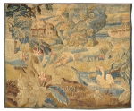 Rara tapeçaria francesa Aubusson do séc. XVIII, decorada com "Paisagem Europeia, Castelos e Pássaros Próximos ao Lago". Medida: 1,33 X 1,65. (Necessitando de pequeno reparo na parte superior).