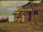 ARMANDO VIANNA (1897-1992). "Casa de Pescador na Beira do Rio", óleo s/ madeira, 16 X 21. Assinado e localizado (Rio) no c.i.d. (Década de 40). Carimbo do atelier do artista no verso.